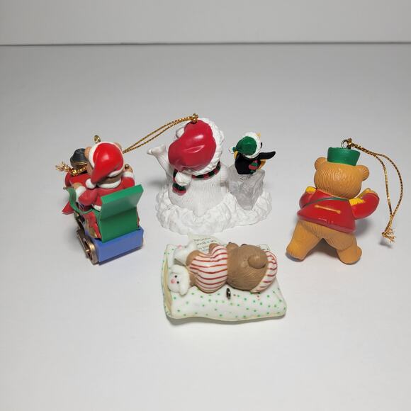 Vintage Christmas Bear Ornaments Lot - Bear w/ Penguin, Train, Sleeping, Drummer - Picture 2 of 7